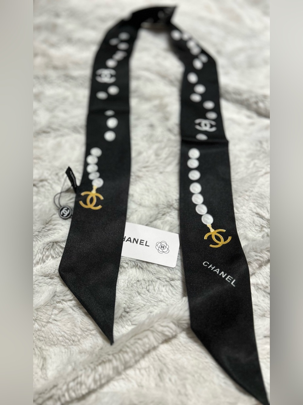 C Black Silk Logo Pearl-Print Twilly Scarf
